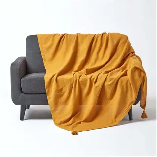 Homescapes Wohndecke Rajput gelb – leichte Baumwolldecke 150x200 cm, 100% Baumwolle, Sofaüberwurf handgewebt mit Streifenstruktur, Couch-Überwurf mit Quasten, Oeko-Tex®