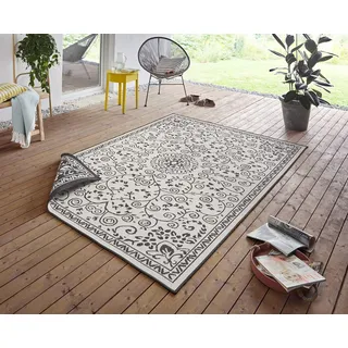 Northrugs In- und Outdoor Teppich Leyte 120x170cm - Wendeteppich Wetterfest Orientalisches Vintage Design Läufer für Balkon Terrasse Garten Wintergarten Wohnzimmerteppich Wasserfest in Schwarz Creme