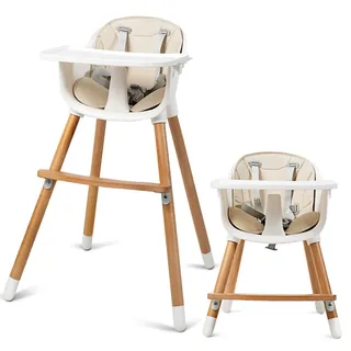 Costway 2-in-1 Babyhochstuhl Kinderhochstuhl mit einstellbare Ablage & Fußstütze für Kleinkinder & Säuglinge Holz - Creme