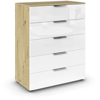 Rauch Möbel Flipp, Kommode für Schlafzimmer, Kinderzimmer, Wohnzimmer, Jugendzimmer, Flur, Garderobe, 5 Schubladen, mit Softclose Funktion, Farbe Eiche Artisan, Holz/Glas Weiß, Breite 80 cm