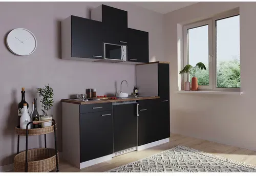 Bild von Küchenzeile Luis E-Geräte 180 cm mit Edelstahlkochmulde und Mikrowelle schwarz/weiß