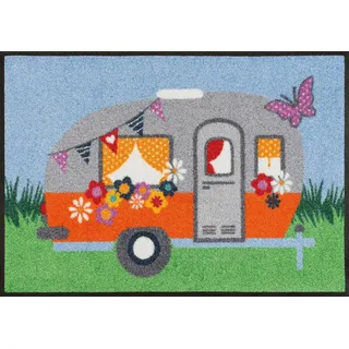 wash+dry by Kleen-Tex Fußmatte »Happy Camping« rechteckig 7 mm Höhe Schmutzfangmatte, Motiv Wohnwagen, rutschhemmend, waschbar, blau