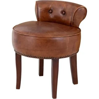 Casa Padrino Designer Hocker Stuhl aus massivem Eichenholz Echtleder Braun - Chesterfield Kolonial Stil Shabby Landhaus Barock Schminktisch Stuhl Leder Möbel - Braun