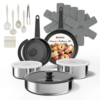 Sanho Topfset mit Abnehmbarer Griff, 21 Teilig Antihaft Keramik Pfannenset | Induktion Edelstahl Kochtopf Set mit Deckel, PTFE/PFAS/PFOA frei, Backofen&Spülmaschinenfes, Ideal für Zuhause,Camping