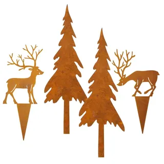 Storm's Gartenzaubereien Gartenstecker Hirsch mit Tannen 4er Set - Weihnachtsdeko in Rostoptik zum Stecken