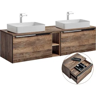 Doppelwaschtisch-Unterschrank 180cm mit 2 Keramikbecken PUEBLA-56 in Vintage Oak, B/H/T ca.: 180,4/59,5/46 cm - Braun