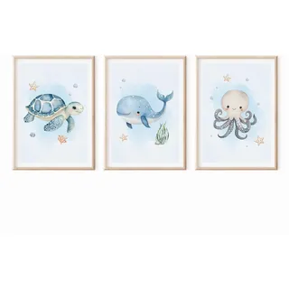 MeinBaby123® Unterwasserwelt Bilder | 3er Set DIN A4 | Wal, Schildkröte, Delfin, Seepferdchen | Kinderzimmer Deko Meer | Geschenk zur Geburt (Unterwasserwelt V3)