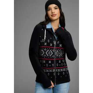 Fleecejacke KANGAROOS, Damen, Gr. 40/42, schwarz (schwarz, pink), Fleece, Obermaterial: 100% Polyester, bedruckt, ethno, gemustert, kontrastfarbene Details, mehrfarbig, unifarben mit Farbeinsatz, bequem hüftbedeckend, Rundhals, angesetztes Bündchen mit Daumenlöchern, Jacken Fleecejacke, mit Norweger Muster und Kapuze