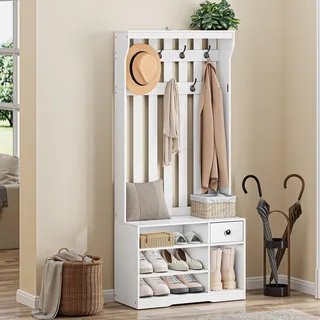 YITAHOME Garderobenständer mit Schuhbank, Garderobenschrank, Garderobe, Flurgarderobe mit 7 Haken & Stoff Schublade, für Diele & Wohnzimmer, Schuhschrank,80x35x180cm, Weiß