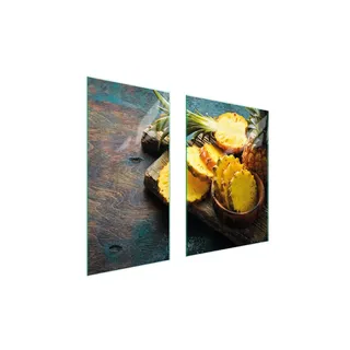 Herdabdeckplatten 2 teilig 75x52 Ceranfeld Abdeckung Glas Schneidebrett Ananas Holz