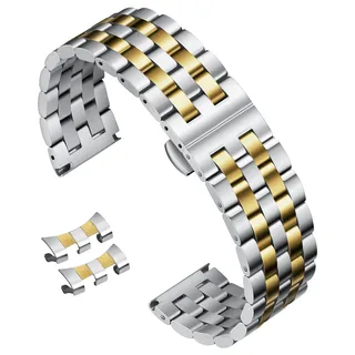 BINLUN Edelstahl Uhrenarmband Poliert Metall Uhrenarmbänder 18mm 19mm 20mm 21mm 22mm 24mm Smartwatch Ersatzarmband für Herren Damen Metallarmband mit Geraden und Gebogenen Ende (Silber-gold, 21mm)