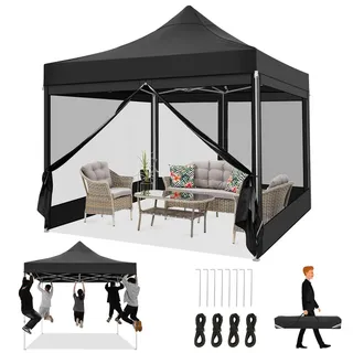 COBIZI Faltpavillon 3x3 Pavillon 3x3m Wasserdicht Stabil, Partyzelt Faltbar mit 4 Seitenwänden Moskitonetz Pop Up Gartenpavillon Anti-UV für Garten, Schwarz