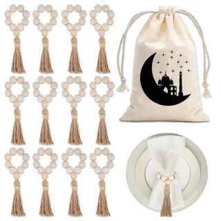 Elegante Serviettenringe Holz - Set von 12 Stück mit Quast Design, Ideal für Weihnachten und Bismillah Serviettenringe - Beige Handtücherring Aufnahmebeutel Rustikale Tischdekoration für Hochzeit