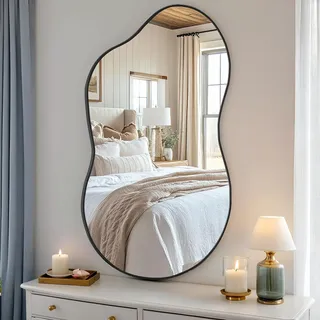 Clevich Spiegel Asymmetrisch 66x116cm Rahmen Alu, HD Glas Wandspiegel, Moderner Dekor-Spiegel, Schlankes Modernes Design, für Bad Badezimmer Wohnzimmer Flur Schlafzimmer Wand Cloud-Design, Schwarz