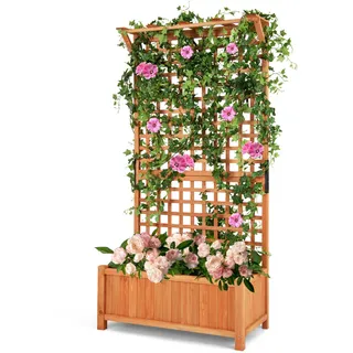 COSTWAY Blumenkasten mit Spalier & Dach, Pflanzkasten Tannenholz, Hochbeet mit Rankgitter & Drainagelöchern, Pflanzkübel mit Sichtschutz, für Kletterpflanzen Garten Terrasse, 90x44,5x183,5cm