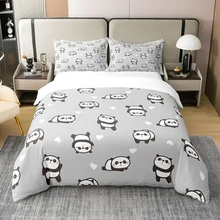 Loussiesd Panda 100% Baumwolle Bettwäsche Set 135x200cm Niedlich Tier Bettbezug Set Baumwolle Niedlich Tier Decor Bettbezug Set Panda Bear Drucken Betten Set Schwarz Weiß Grau Bettwäsche-Set
