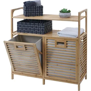 Bambus Badezimmerschrank HWC-N83, Wäschesammler Regal Badschrank, 2 Wäschekörbe 2 Regalböden - 88x81x33cm - Braun