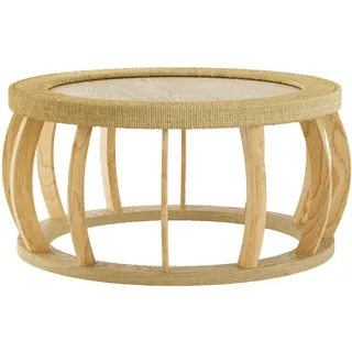 Beaok Couchtisch 90 cm aus Massivholz und MDF mit Rattan-Detail , Naturfarben , Holzwerkstoff , 90x43x90 cm , Wohnzimmer, Wohnzimmertische, Couchtische