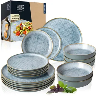 Moritz & Moritz TERRA 18-tlg Geschirrset 6 Personen - Teller Set in strahlendem Azurblau aus hochwertigem Porzellan - Geschirr Set 6 Personen aus je 6x Speiseteller, Dessertteller und Schalen