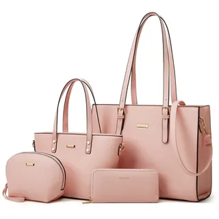 Frauen Mode Kunstleder Handtaschen Tote Tasche Schultertasche Top Griff Satchel Geldbörse Set 4pcs, Pink-a