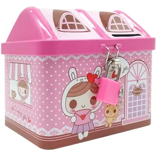 EQLEF® Spardose für Kinder, Nette Haus Form, Geldbox mit Spielzeugschloss, Geburtstagsgeschenk für Mädchen in Rosa