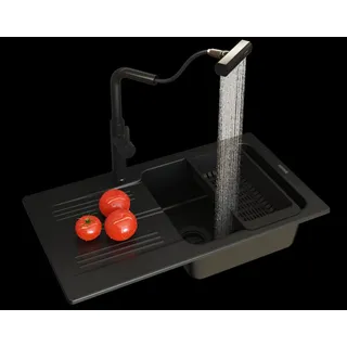 Granitan | GranitSpüle - Spülbecken -Kammer - 77,5x43,5 cm - Rechteckig - Schwarz - mit Küchenarmatur - mit Abtropfgestell - ADA - Schwarz