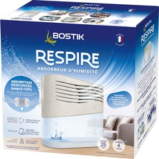 Bostik RESPIRE Luftentfeuchter, Luftentfeuchter für Haus, Wohnung und Wohnwagen, für Räume bis 25m2, Inklusive 2 Nachfülltabs je 250g
