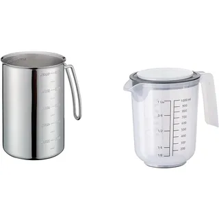 Küchenprofi Messbecher mit Griff, 1 L, rostfreier Edelstahl, Ø 10.5, H 14,5 cm & APS Rührbecher mit Deckel - Messbecher mit Maßskalen
