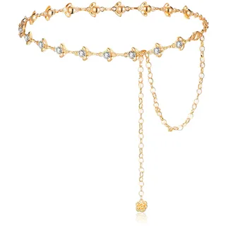 Kettengürtel für Frauen Langer Taillengürtel für Kleid Kristall Taillenkette Strass Breiter Damen Gürtel (Gold, 120 cm)