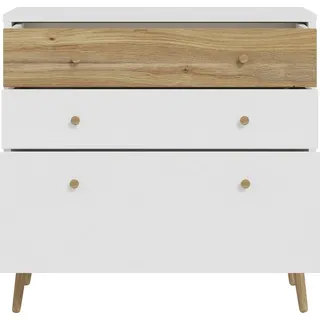 Forte HARLLSON, einfache Montage Dank EasyKlix by Kommode Weiß mit Holzdekor: Mauvella Eiche, Sideboard mit 3 Schubladen, Modern Mid Century Stil, 90 cm breit x 86 cm hoch x 41 cm tief