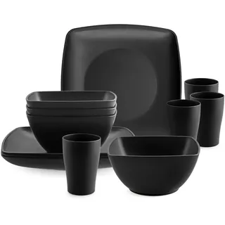 HOMGEN 12PCS Plastic Plates and Bowls Set 12-teiliges Camping Geschirr Set, Besteck Set Spülmaschinen- und Mikrowellengeeignet Leicht & Stapelbar für Outdoor & Zuhause- Schwarz