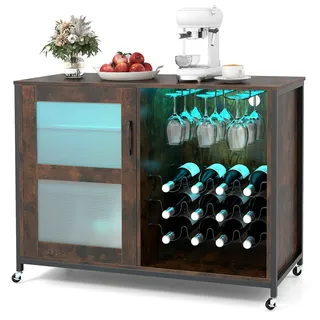 GIANTEX Weinschrank mit Beleuchtung, Barschrank mit Rollen, Weinbarschrank mit Weinregal & Glashalter, Küche Hausbar Küchenschrank mit verstellbaren Regalen, Kommode Sideboard Buffetschrank Industrial