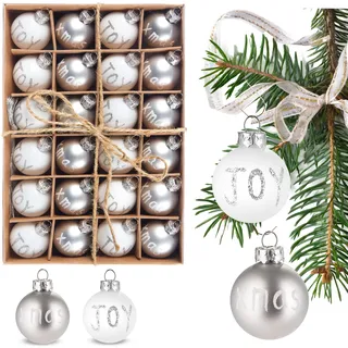 BRUBAKER 24-teiliges Set Weihnachtskugeln Joy & Xmas - 3 cm Mini Christbaumkugeln für Weihnachtsbaum - Handbemalter Christbaumschmuck Kugeln - Bruchsichere Weihnachtsbaumkugeln - Silber und Weiß