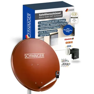SCHWAIGER Satellitenschüssel Komplettset - Ø 80 cm Stahl Offset Antenne in Rot - Inkl. sonnengeschütztes Quad LNB 4-Fach - Digital HD & 4K Empfang - Integrierte Kabelführung & wetterfest