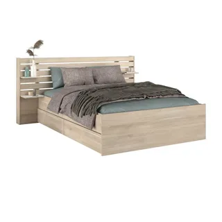 furn.design Stauraumbett "Escale" in Eiche, Bett 140 x 200 cm Bettschubkasten und Ablagen - Naturbelassen