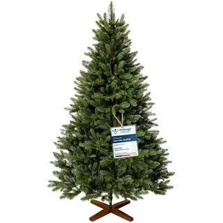 FAIRYTREES Weihnachtsbaum künstlich, Nordmanntanne Premium 180 cm, Naturgetreue Spritzguss Elemente, Made in EU, Künstlicher Weihnachtsbaum mit handgefertigtem Ständer aus Eschenholz