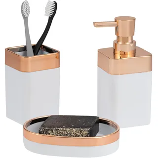 bremermann Badezimmer-Set 3-TLG. Savona, Kunststoff, weiß-Rosegold, Seifenschale, Seifenspender, Becher