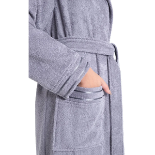 Damenbademantel BRUNO BANANI "Clement, ideal für Sauna & Spa, Hotelbademantel, Morgenmantel" Gr. L, grau, L:125cm, Walkfrottier, Hausmäntel, Damenbademantel, 100% Baumwolle, einfarbig, glänzende Streifen-Bordüre, Taschen, XS-3XL