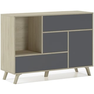 Skraut Home – Sideboard für Wohn- oder Esszimmer – 86 x 120 x 40 cm – Buffet mit 1 Tür + 3 Schubladen – Windmodell – Widerstandsfähiges Holz – Eiche/Grau-Finish