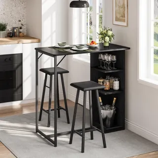 Platzsparendes 3-Teiliges Esszimmer-Set Mit 2 Barhockern Und 1 Tisch, Esstisch Mit 3 Ablagen Und Metallgestell, Gepolsterte Barhocker Aus PU-Leder, Für Esszimmer Und Kleine Räume, 91,5 x 50 x 90 cm