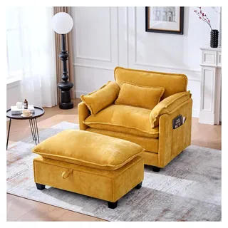 Moderner übergroßer Sessel mit Fußstütze und Hocker, Samt-Loungesessel mit Seitentaschen und Kissen, bequemer Lesesessel für Wohnzimmer, Wohnung und Schlafzimmer (Gelb) - Gelb