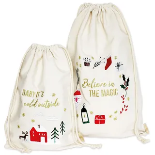 Papierdrachen Geschenkverpackung Weihnachten 2025 - Stoffbeutel - Set - 2 Größen - beige - mit bunter Stickerei - wiederverwendbar zum Befüllen