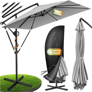 KESSER® Ampelschirm Holly Sonnenschirm Rechteckig mit und ohne LED Solar inkl. Abdeckung + Windsicherung mit Kurbel | Kurbel-Schirm mit Ständer UV-Schutz Aluminium Wasserabweisend Ø350cm Gartenschirm - Hellgrau