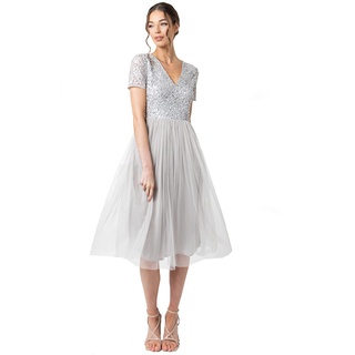 Maya Deluxe Damen Abendkleid mit Pailletten-Cocktailkleid V-Ausschnitt-Tüllkleid Kurzen Ärmeln Brautjungfernkleid, Soft Grey, 50 EU