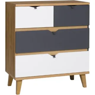 BETTSO Moderne Jugendzimmer Kommode MEMORY 4SZ Goldene Eiche Mattweiß Graphit - Weiß, Grau, Bronze