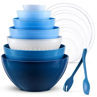 Luxear Große Rührschüssel 0,2-6,5 L Salatschüssel Set mit Deckel, 6-teilig Schüssel Set mit 1 Abtropfsieb, Gabeln, Löffel, Große Schüsseln aus Kunststoff BPA-frei Stapelbar Schüsselset Mixing Bowl
