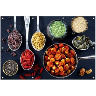 Wallario Outdoor-Poster für Garten oder Balkon, Motiv Gesunde Superfoods in Töpfen, in ca. 100 x 150 cm - Schwarz