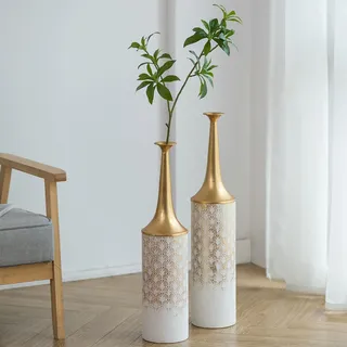 Sziqiqi Weiß Hoch Boden Vase Set - 66/60cm Extra Gross Bodenvase Große Vintage Blumenvase für Pampas Gras Federn Zweige Metall Schmale Hals Vasen für Wohnzimmer Schlafzimmer Tischdekoration