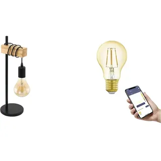 EGLO Tischlampe Townshend, Tischleuchte Industrial inkl. E27 Smart Home connect.z LED Leuchtmittel, schwarze Retro-Lampe, dimmbare Nachttischlampe aus Stahl und Holz, mit Schalter, warmweiß