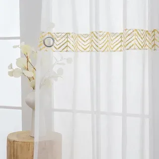 Transparents gordijnset mit Muster in Gold und Weiß für das Interieur - Weiß